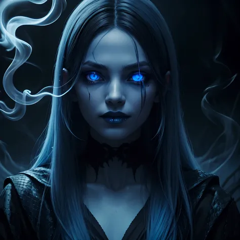 dark, unholy, evil, long tongue out, black snake, astral, creepy style, undead, mystical, nice perfect face with soft skin, young beautiful woman portrait in the lake, smoke, mist, night, long blue hair, glowing blue eyes, front view, looking in the camera...