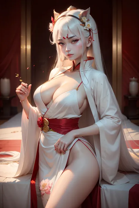 Beautiful looks，Temperament dust，White skin，cleavage，nabel，hindquarters，Charming，flowy。Wearing a tai chi robe，Wearing a lotus crown on his head，Red cinnabar in the eyebrows。Bumpy