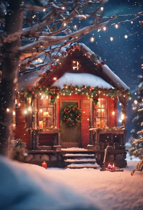 /imagine prompt: A beautiful wooden board shows a warm Christmas scene. On this wooden board, you can see a winter scenery covered by white snow, and the magic of Christmas is permeated.

On the snow, a tall Christmas is established there, decorated with c...