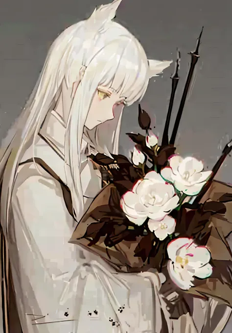 white-haired anime girl holding a bouquet of flowers, 🌺 cgsesociety, guweiz in pixiv artstation, white cat girl, white-haired go...