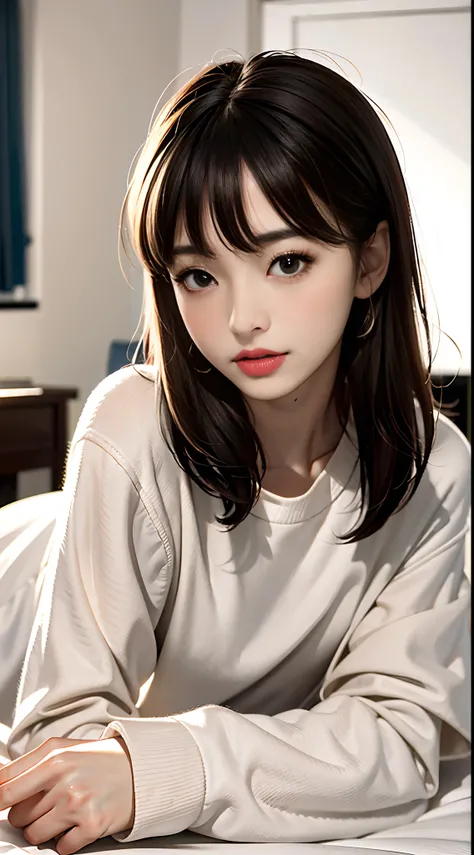 tmasterpiece，best qualtiy，（Dark photograph：1.3），realisticlying，1girl，flat bangs，stunning innocent symmetry face，The shirt，Emotional，ulzzang，（PureErosFace_V1：0.7）there is a woman that is posing for a picture in a room, cute korean actress, She has a cute fa...