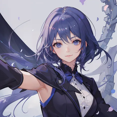 Woman, short dark blue-purple hair with gray strands, bob hairstyle, gray eyes, French royal strict suit, calm look and calm smile, many details