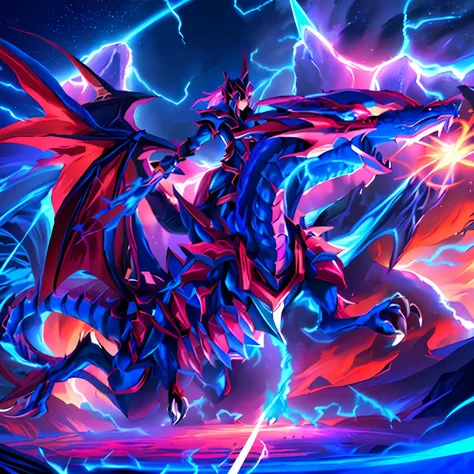 Max Quality, 4k, definition, A close-up of a blue dragon with lightning in the background, con un jinete sobre el lomo, Ilustraciones de Yugioh, blue eyes white dragon, Slifer the dragon of the sky, colossal dragon as background, Colossal dragon in the bac...