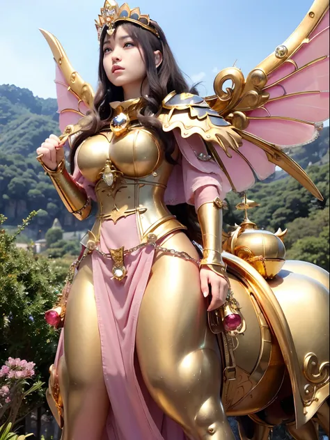 (masutepiece), Professional , ​masterpiece、top-quality、photos realistic , depth of fields （Gemstone Silver Metal Body:1.９),(Matte Pink、Jewel Gold Weapon、（Gorgeous castle background）、（ultimate beauty girl）、（Fairy wings grow on her back）、（Jewel Metal Body:1....