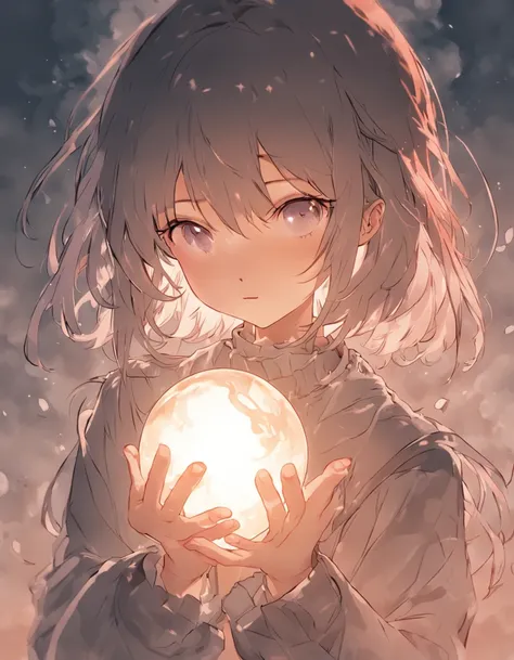 A girl holds a hollow silver ball in her arms，ink wash style，Leave some blanks，Low saturation colors