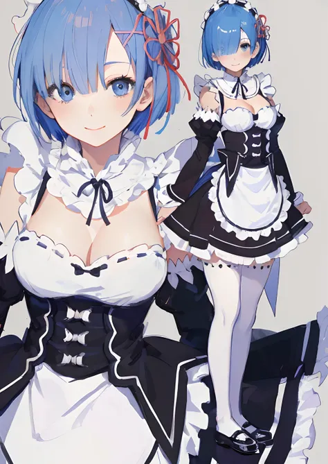 (masterpiece, best quality;1.3), ultra detailed, Looking at viewer, castle, lying on bed,smile, 
rem_re_zero, blue hair, short hair, maid uniform, hair ornament, cleavage, maid headdress, detached sleeves, ribbon