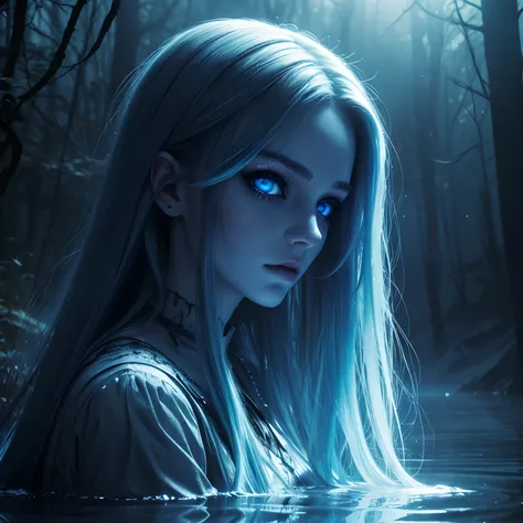 dark, unholy, evil, astral, creepy style, undead, mystical, nice perfect face with soft skin, young beautiful woman portrait in the lake, smoke, mist, night, long blue hair, glowing blue eyes, from side, light blue glow, void