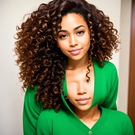 mixed race woman with curly hair, green eyes, caramel brown skin, dimples