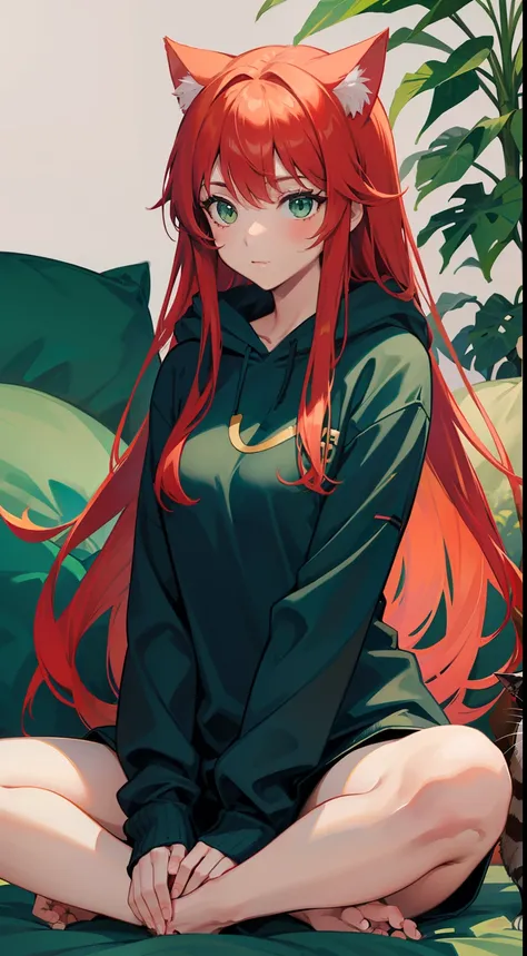 1female, solo,lotus position, 1cat, cat in arms
(cute face), green eyes, red hair, ((gradient)), (very long hair), grass-colored clothing, oversized hoodie, cat black,background foliage and soft pillows, (blue patterned pillows)