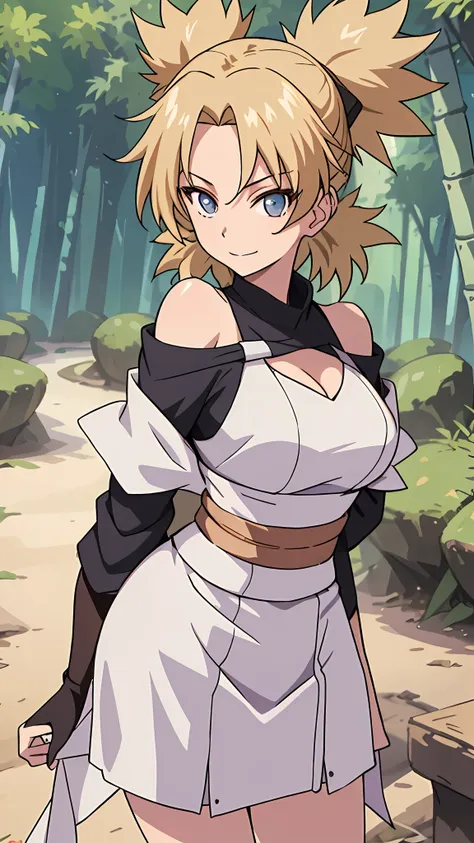 tmasterpiece, best quality, 1girl,  The upper part of the body,cleavage，White clothes，bamboo forrest，ninjartist，Off-the-shoulder attire，looks into camera，Be red in the face，ssmile，largeeyes，Close-up，Huge fan