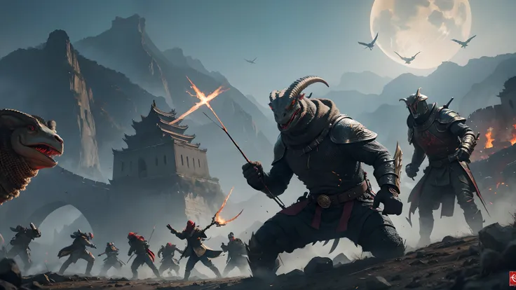 Alien invasion，Background with:Great Wall of China，Many Chinese stand on the wall and shoot arrows，Face a large horde of aliens under the city walls，(An evil creature, Sheeps head face，Lizard body，red color eyes），Howl to the sky，gray men，Under the corners ...