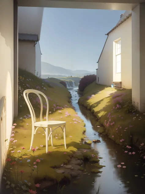 painting of a chair sitting in a grassy area next to a stream, erik johansson style, erik johansson, inspired by Henri Biva, inspired by Santiago Rusiñol, surreal scene, inspired by Matthias Jung, magic realism matte painting, magical realism style, stefan...