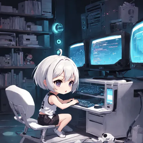 ((Chibi girl playing computer))、White shorthair chibi、Pixie Cut Chibi、Chibi in shorts, Chibi,