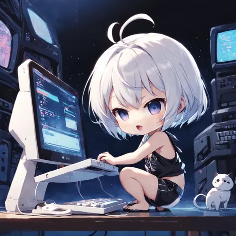 ((Chibi girl playing computer))、White shorthair chibi、Pixie Cut Chibi、Chibi in shorts, Chibi,