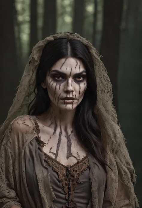 Kendall Jenner as Pocahontas, transformed into a haunting and chilling zombie in a nightmarish and eerie atmosphere.