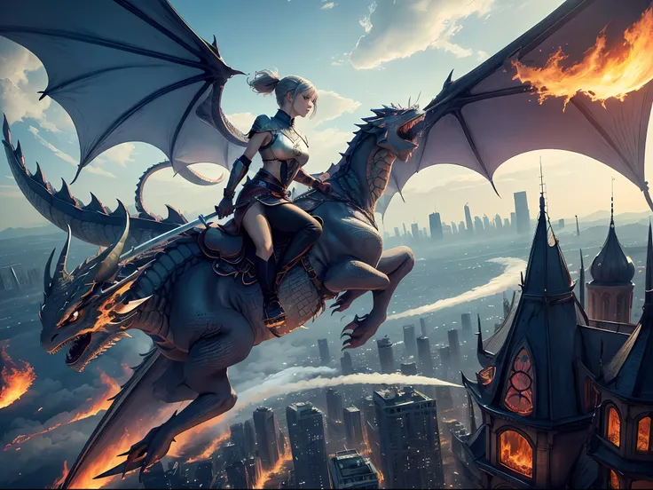 (Best Quality, Masterpiece: 1.1), (Realistic: 1.4), Beautiful girl is riding on the dragon, flying in the sky, god ray ,teen, silver short hair, blue eyes, over the city, fractal art,Girl holds a sword in her right hand、Dragon breathes fire from its mouth，...