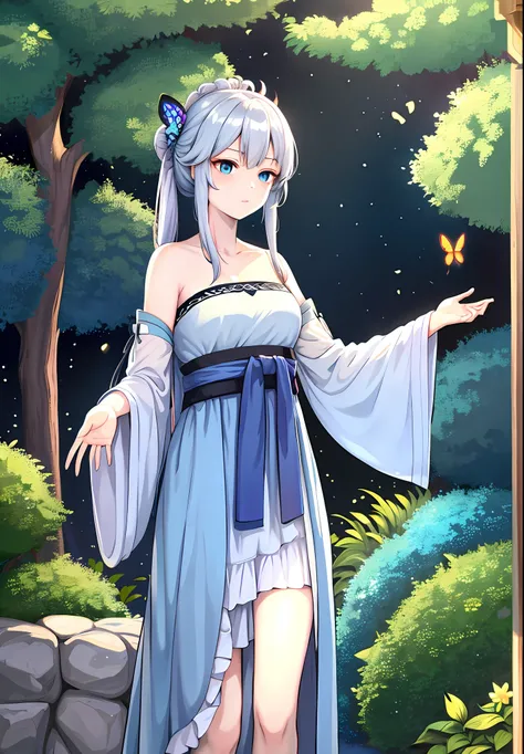 blue ru_swarm,Best_quality,Head,Original_Outfit,Hanfu,Clear details,Masterpiece, Best_quality, Clear details,1girll,Garden background,, Butterfly on the finger,Blue eyes,White hair,Long hair,Big eyes