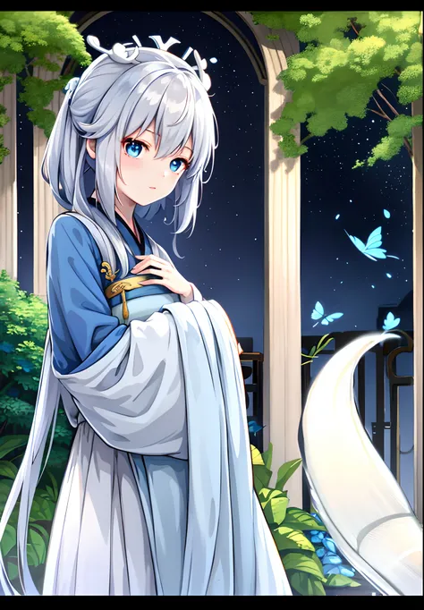 blue ru_swarm,Best_quality,Head,Original_Outfit,Hanfu,Clear details,Masterpiece, Best_quality, Clear details,1girll,Garden background,, Butterfly on the finger,Blue eyes,White hair,Long hair,Big eyes