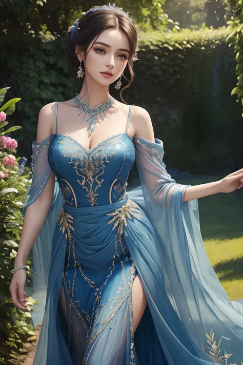 ((Masterpiece)),((Best quality)),((High details)),((Realistic)), Photo of waist length of beautiful girl in blue charming evening dress, (delicate embellishments, Complex beading, Sequin and embroidered dress), Elegant updo，Soft tendril hair, Sunny garden ...