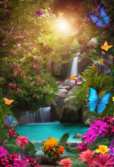 CREATE ME A PHOTOGRAPHY BACKGROUND WITH ENCHANTED GARDEN THEMECOELEMENTS FLOWERS BUTTERFLIES TREES BIRDS AND EVERYTHING VERY COLORFUL BEAUTIFUL PERFECT WITH BIRDS AND HUMMINGBIRD SQUIRRELS