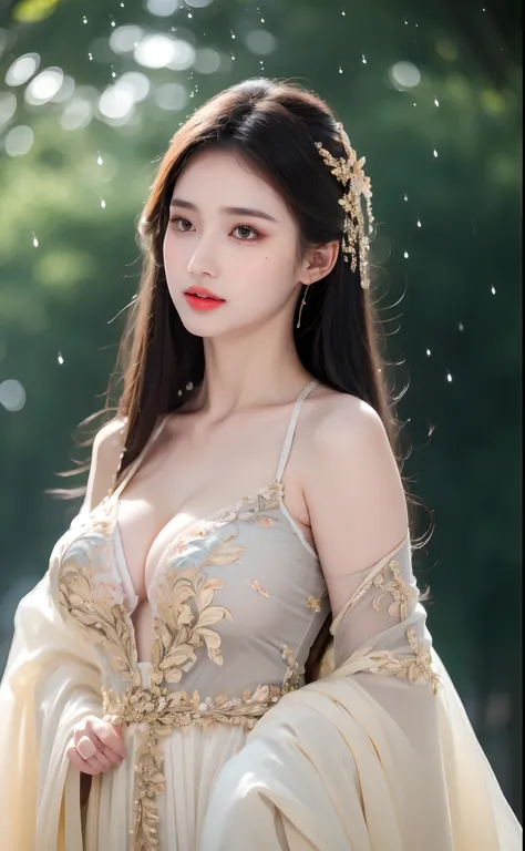 ((Best Quality, 8k, Masterpiece: 1.3)), Focus: 1.2, Perfect Body Beauty: 1.4, Buttocks: 1.2, ((Layered Haircut)), (Wet Clothes: 1.1), (Rain, Street:1.3), (Breasts: 1.2), (Hanfu: 1.2), Bare Shoulders, Bare Legs, Highly Detailed Face and Skin Texture, Fine E...