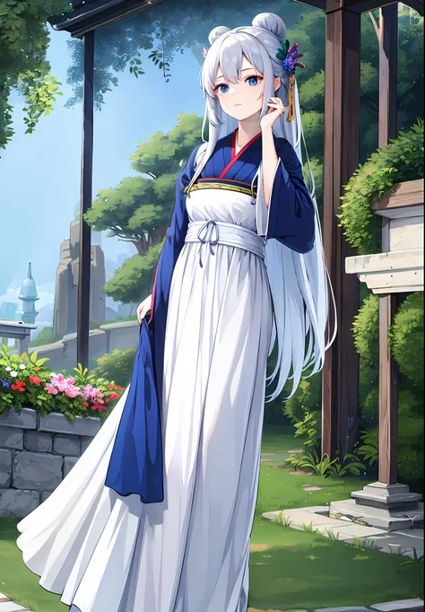 blue ru_swarm,Best_quality,Head,Original_Outfit,Hanfu,Clear details,Masterpiece, Best_quality, Clear details,1girll,Garden background,, Butterfly on the finger,Blue eyes,White hair,Long hair,Big eyes