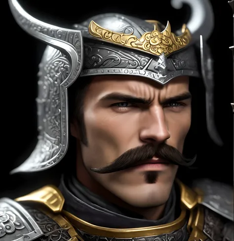 close up of rpg character, warrior, moustache, silver helmet with golden inserts, portrait of a warrior, dungeons & dragons character portrait, ultra high detail