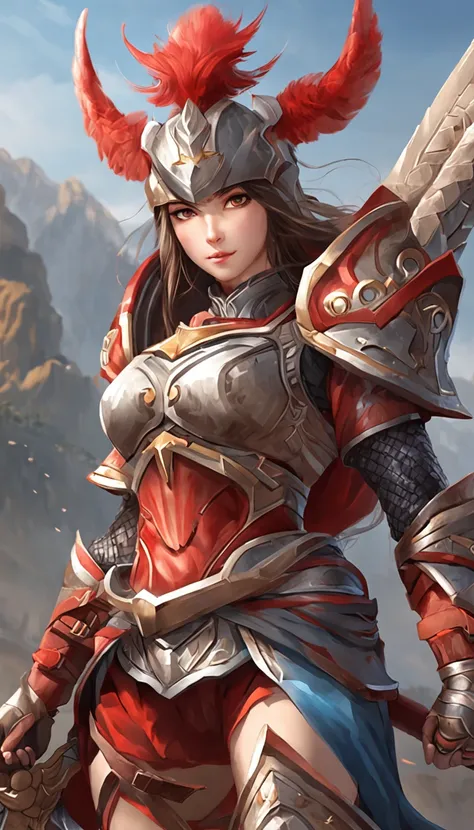 Junior Centurion Warrior,  Red and gray armor, Men and women work together, Men and women side by side, cheerfulness, Female Warrior, ultra - detailed, 8K, Unreal Engine 5, celebrating, Beautiful anime style girl all over, clean detailed faces, underdressi...