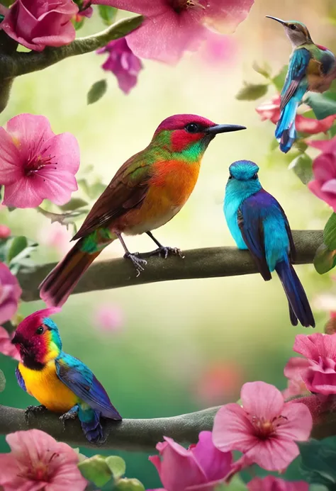 CREATE ME A PHOTOGRAPHY BACKGROUND WITH ENCHANTED GARDEN THEMECOELEMENTS FLOWERS TREES BIRDS AND EVERYTHING VERY COLORFUL BEAUTIFUL PERFECT WITH BIRDS AND HUMMINGBIRD SQUIRRELS