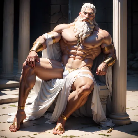 Zeus, the god-king, was chained to a pillar，Full of beards，There is nothing on the body，Wearing a pair of white sexy transparent erotic panties，Panties tightened his lower body，The underwear appears unusually wet，Urine appeared on the ground