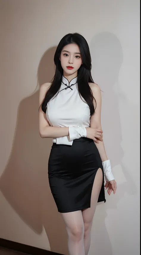 A perfect young female white-collar worker，Chinese big breasts，High picture quality，Works of masters，Black hair，Long hair shawl，Long hair flowing over the shoulders，cropped shoulders，鎖骨，exquisite face，Hydrated red lips，on cheongsam，Chinese pink printed che...