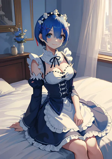 (Masterpiece, Best quality;1.3), Ultra detailed, view the viewer, Castle, lying on bed,Smile, 
REM_re_Zero, Blue hair, Short hair, Maid uniform, hair adornments, cleavage, maid headdress, Detached sleeves, ribbon