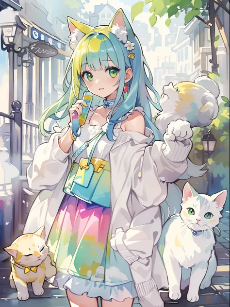 ((Best quality1.2))、((Masterpiece 1.2))、watercolor paiting、((Fashionable clothes))、((Take a cute cat 1.5))、white colors((rainbow-colored hair))、Back alley