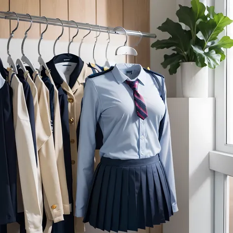 (girls school uniforms on hanger:1.9) , (school uniforms on hangers swells as if worn by invisible girl:1.8), (in the closet), ((invisible, no humans:1.5, headless:1.5, handless, legless)), (big breasts:1.7), 
(8k, RAW photo, best quality, masterpiece:1.2)...