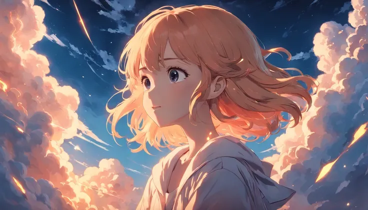 masterpiece, best quality, movie still, 1girl, cloud girl, floating in the sky, close-up, bright, happy, warm soft lighting, sunset, (sparks:0.7)