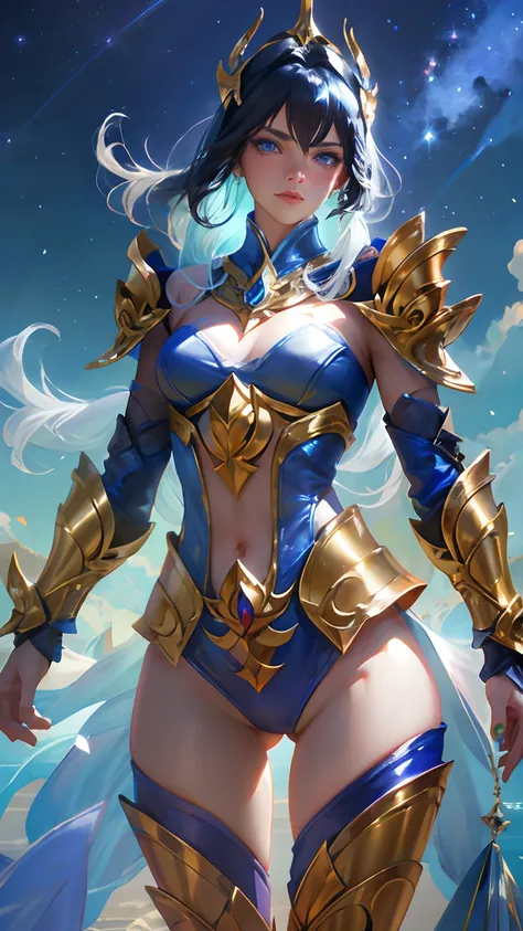 Ultra-high saturation，（tmasterpiece）， fully body photo，（best qualtiy）， （1girll）， starryskybackground，Wearing shiny gold armor， Sexy lingerie type armor，Expose your chest，Expose the waistline，Exposing thighs，cool-pose， Saint Seiya Armor， messy  hair，high de...