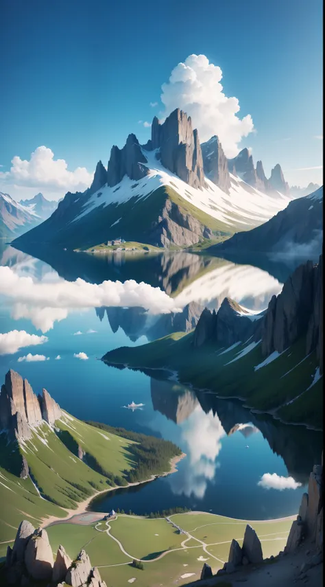 Lake on a high mountain range, Clear blue sky, Floating clouds, smog, Fairy, Epic, wallpaper, full hd, sharp photos, high detail, Nordic woodlands