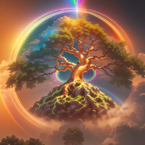 bodhi tree, symbol of buddhism, iridescent in rainbow colors, with a golden aura around him with a very bright divine light desc...