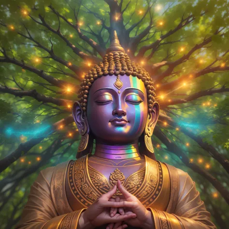 bodhi tree, symbol of buddhism, iridescent in rainbow colors, with a golden aura around him with a very bright divine light desc...