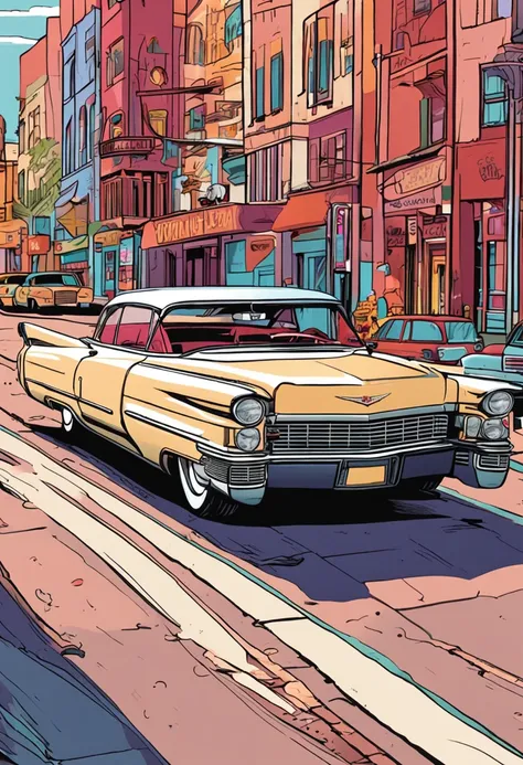 Classic Cadillac DeVille Zoom Out cruise on charming city boulevards, colorful cartoon coloring books, vibrant color contrast zoom out, unzoom