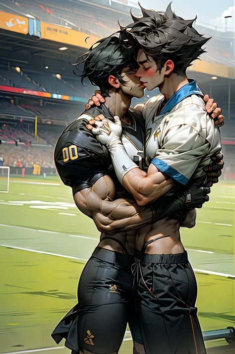 muscles mens shorts white socks football field sunshine handsome hormones gay hug kissing mouth touch head sexy abs pectorals touch chest pinching neck tease