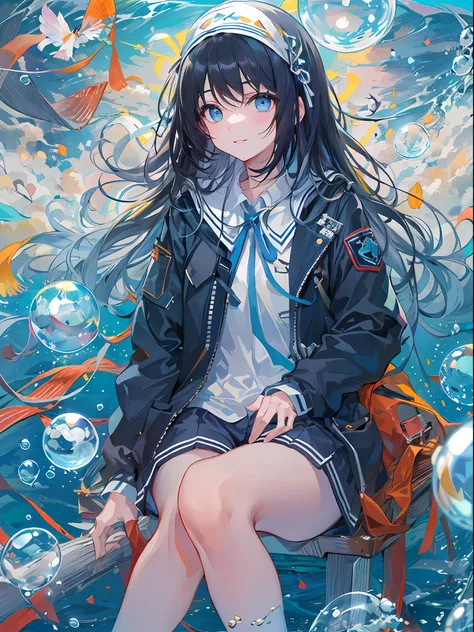 ((top-quality)), ((​masterpiece)), ((ultra-detailliert)), (extremely delicate and beautiful), girl with, 独奏, cold attitude,((Black jacket)),She is very(relax)with  the(Settled down)Looks,A dark-haired, depth of fields,evil smile,Bubble, under the water, Ai...