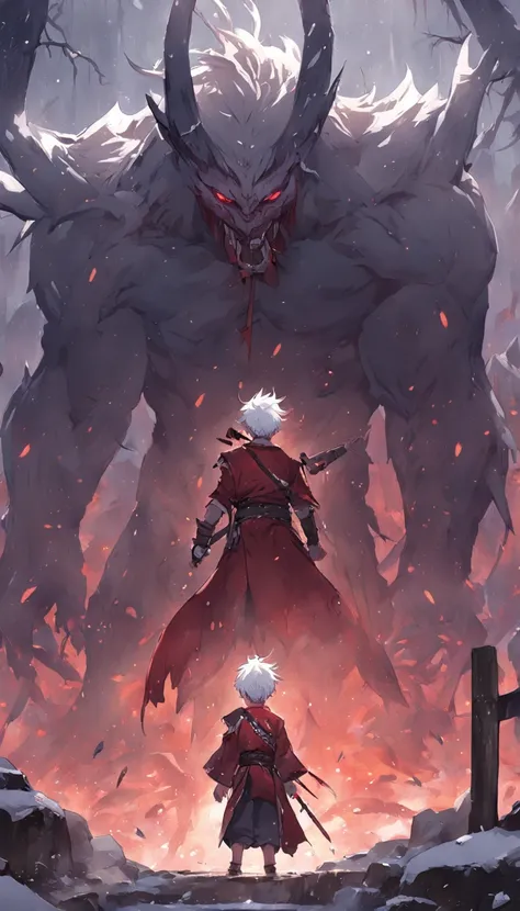 An epic scene in a desolate village reduced to ruin, it is snowing and there is a young white-haired boy who even bruised and bleeding holds a sword and faces a giant demon with dark skin and big horns