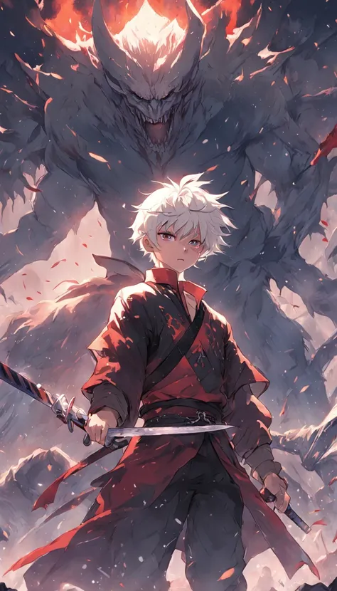 An epic scene in a desolate village reduced to ruin, it is snowing and there is a young white-haired boy who even bruised and bleeding holds a sword and faces a giant demon with dark skin and big horns