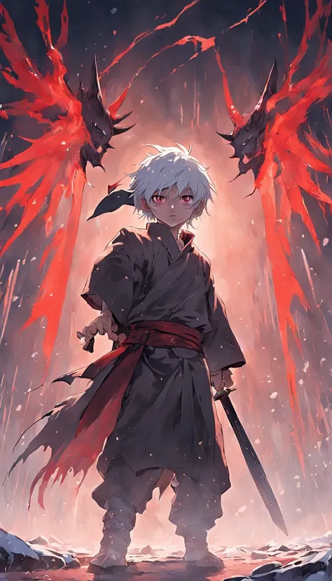 An epic scene in a desolate village reduced to ruin, it is snowing and there is a young white-haired boy who even bruised and bleeding holds a sword and faces a giant demon with dark skin and big horns