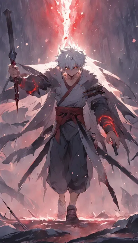 An epic scene in a desolate village reduced to ruin, it is snowing and there is a young white-haired boy who even bruised and bleeding holds a sword and faces a giant demon with dark skin and big horns