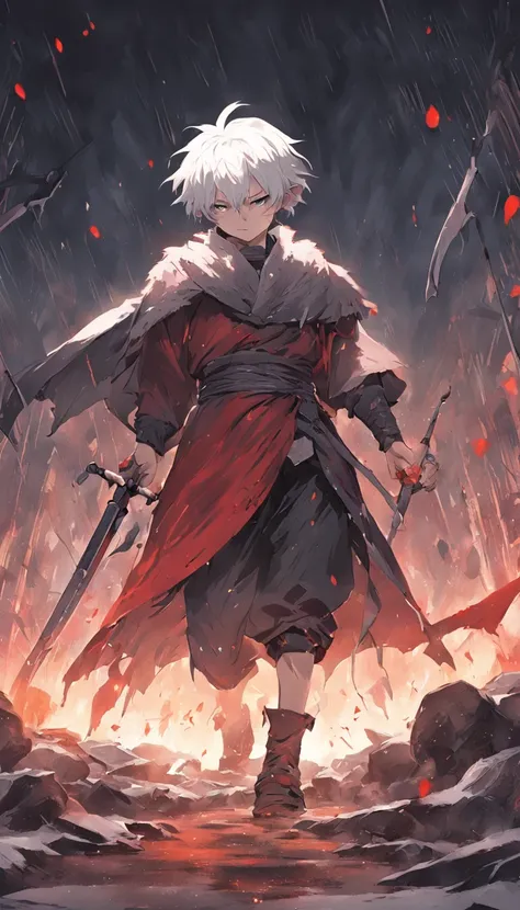 An epic scene in a desolate village reduced to ruin, it is snowing and there is a young white-haired boy who even bruised and bleeding holds a sword and faces a giant demon with dark skin and big horns