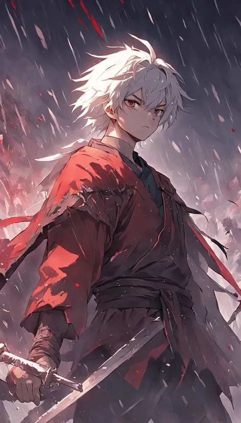 An epic scene in a desolate village reduced to ruin, it is snowing and there is a young white-haired boy who even bruised and bleeding holds a sword and faces a giant demon with dark skin and big horns