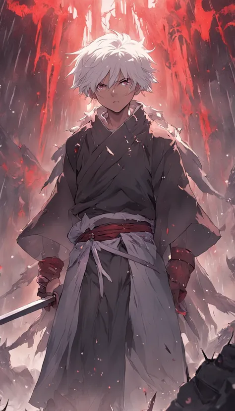 An epic scene in a desolate village reduced to ruin, it is snowing and there is a young white-haired boy who even bruised and bleeding holds a sword and faces a giant demon with dark skin and big horns