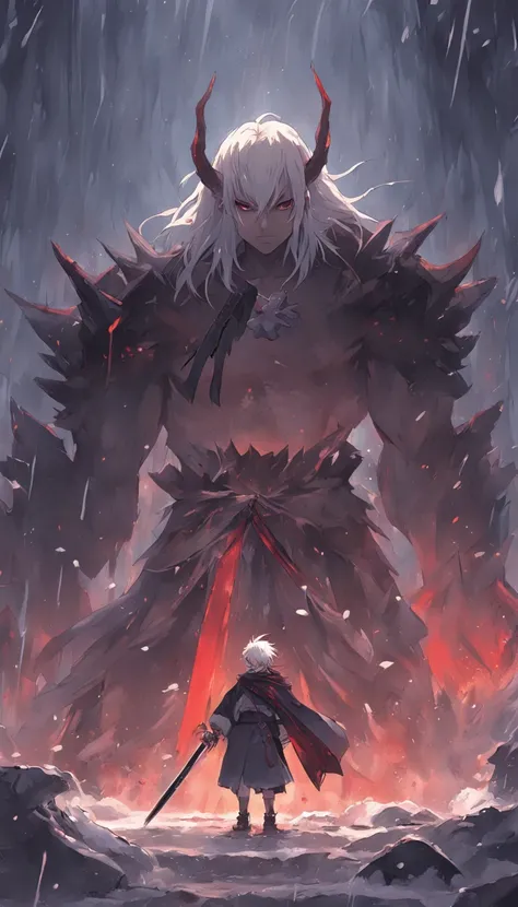 An epic scene in a desolate village reduced to ruin, it is snowing and there is a young white-haired boy who even bruised and bleeding holds a sword and faces a giant demon with dark skin and big horns